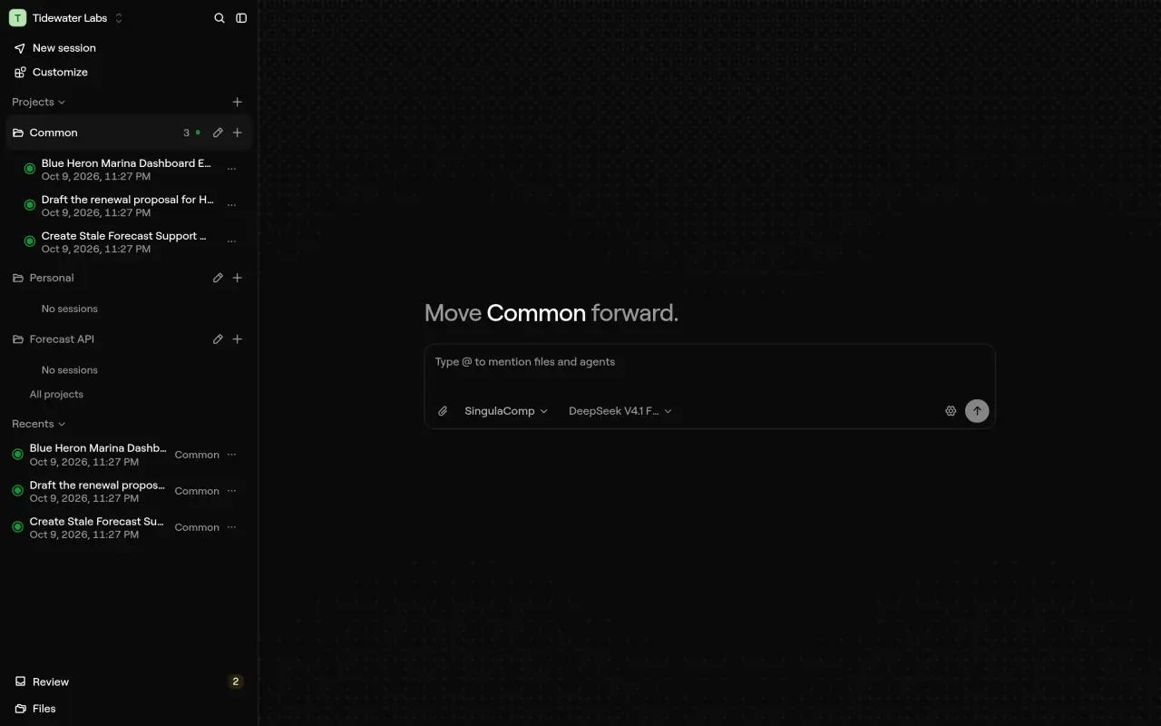 The Common project home of Tidewater Labs: the composer where a session starts and the model it will use, with the organization’s Common, Personal and Forecast API projects in the sidebar