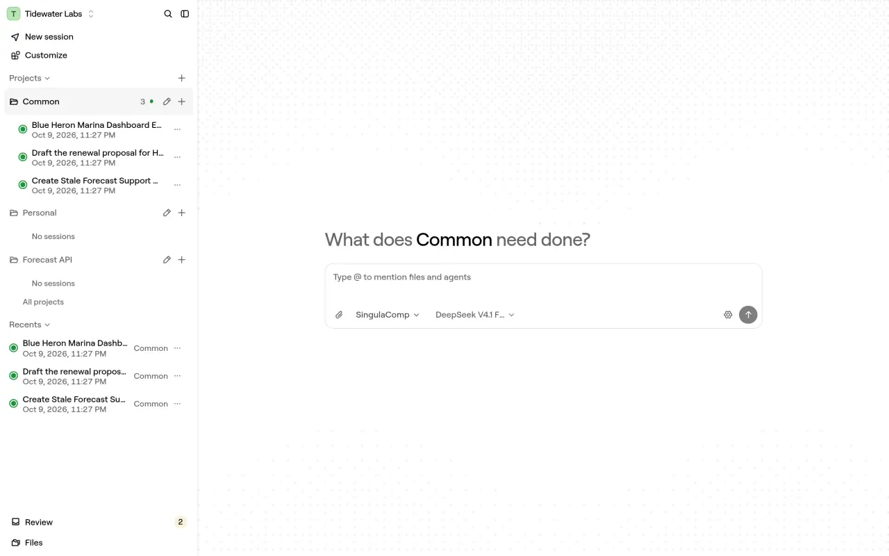 The Common project home of Tidewater Labs: the composer where a session starts and the model it will use, with the organization’s Common, Personal and Forecast API projects in the sidebar