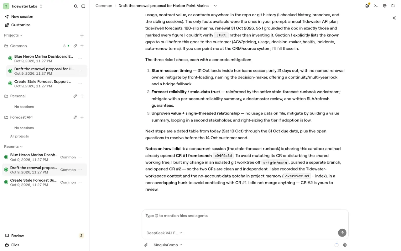 A SingulaComp session in the Common project of Tidewater Labs: the agent has drafted the Harbor Point Marina renewal proposal, noted a teammate’s session working on the same cloud computer, and opened change request #2; the sidebar lists the projects and sessions the team shares