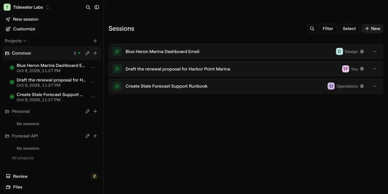 The Sessions page of the Common project of Tidewater Labs: sessions started by Design, the Founder and Operations, each one open to the whole project