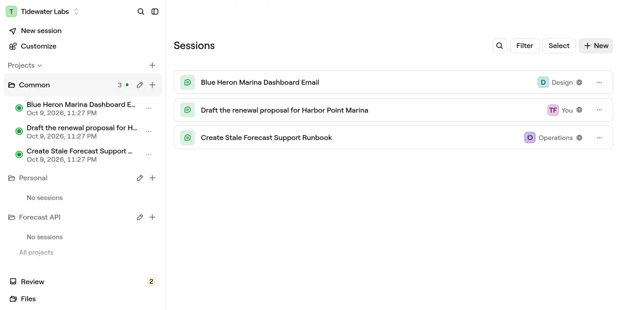 The Sessions page of the Common project of Tidewater Labs: sessions started by Design, the Founder and Operations, each one open to the whole project