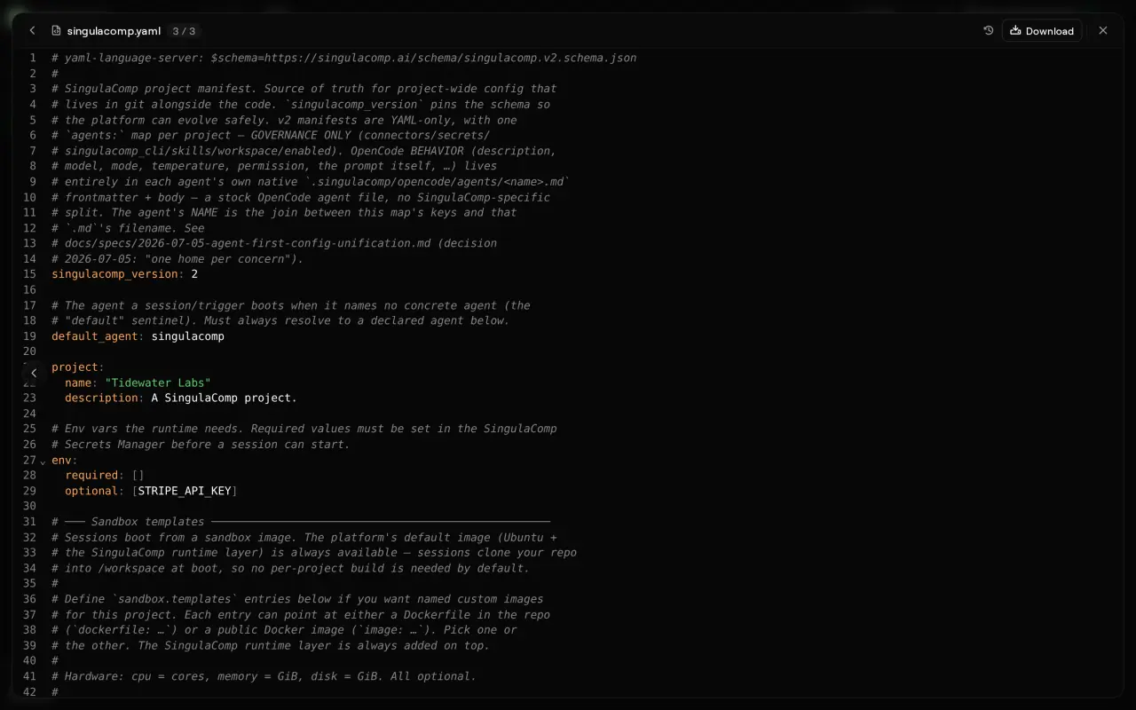 singulacomp.yaml open in the project file viewer: the manifest that names the default agent, the project, and the secrets a session needs