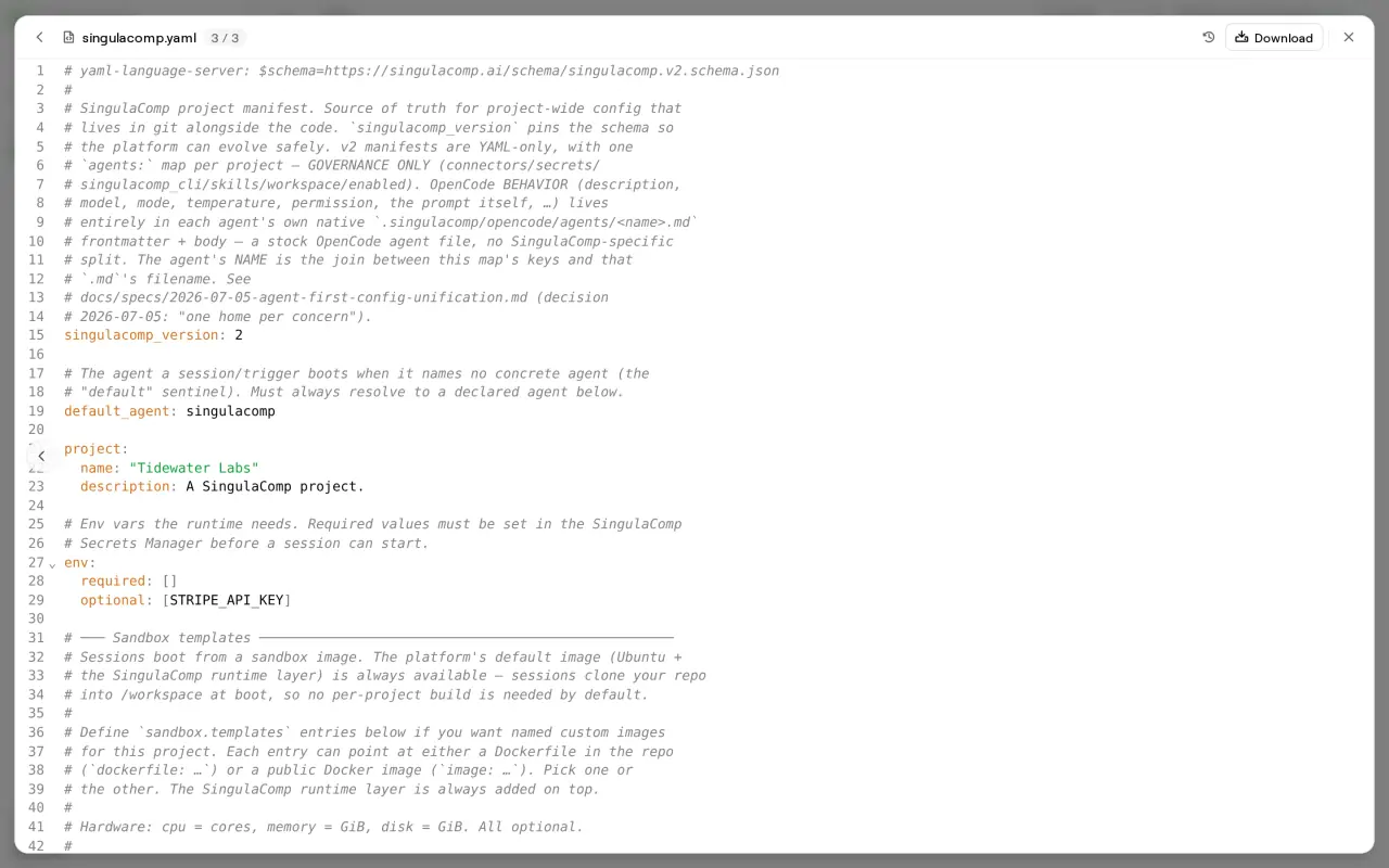 singulacomp.yaml open in the project file viewer: the manifest that names the default agent, the project, and the secrets a session needs