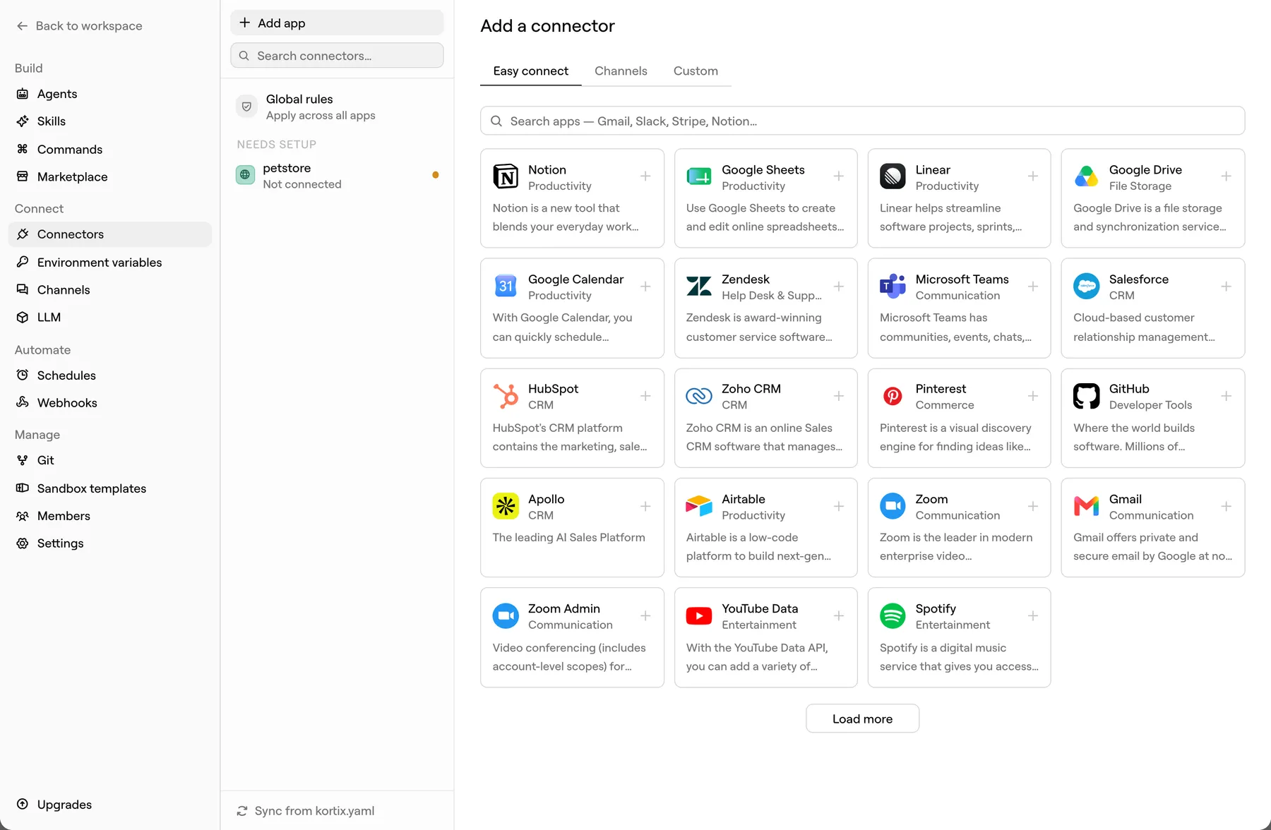The SingulaComp connector catalogue, showing Notion, Google Sheets, Linear, Google Drive, Salesforce, HubSpot, GitHub, Gmail and more, each one click from connected.